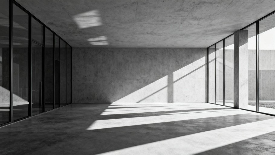 Light filters in to an generously empty, modern-looking room through tall glass windows.